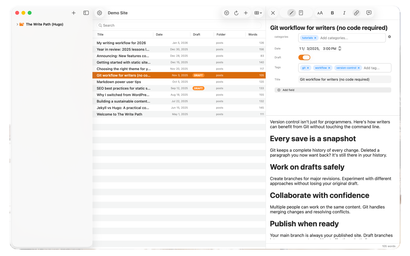 Textorium showing a table view of blog posts alongside the WYSIWYG editor